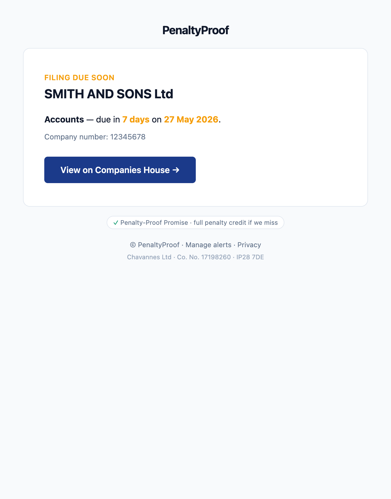 Example PenaltyProof filing deadline alert email